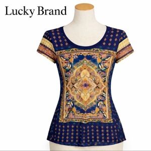 NWT. Lucky Brand Scoop Neck Bohemian Medallion Top. Hippie Groove. Size L.